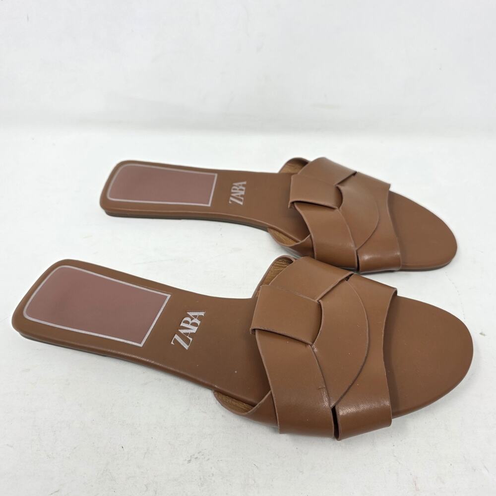 ZARA Brown Braided Leather Flat Slide Sandals EU 42 US 10.5-11